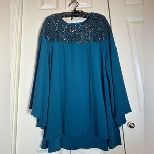 Alfani 2X Teal Sequin Tunic Blouse Flowy Sleeve Dressy Event Top Plus Size